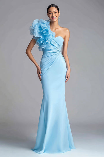 Light Blue One Shoulder Mermaid Long Formal Dress with Ruffles